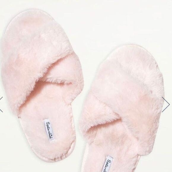 SPLENDID Pink Fluffy Crisscross Peep Toe Slippers Size M/L - Picture 1 of 11